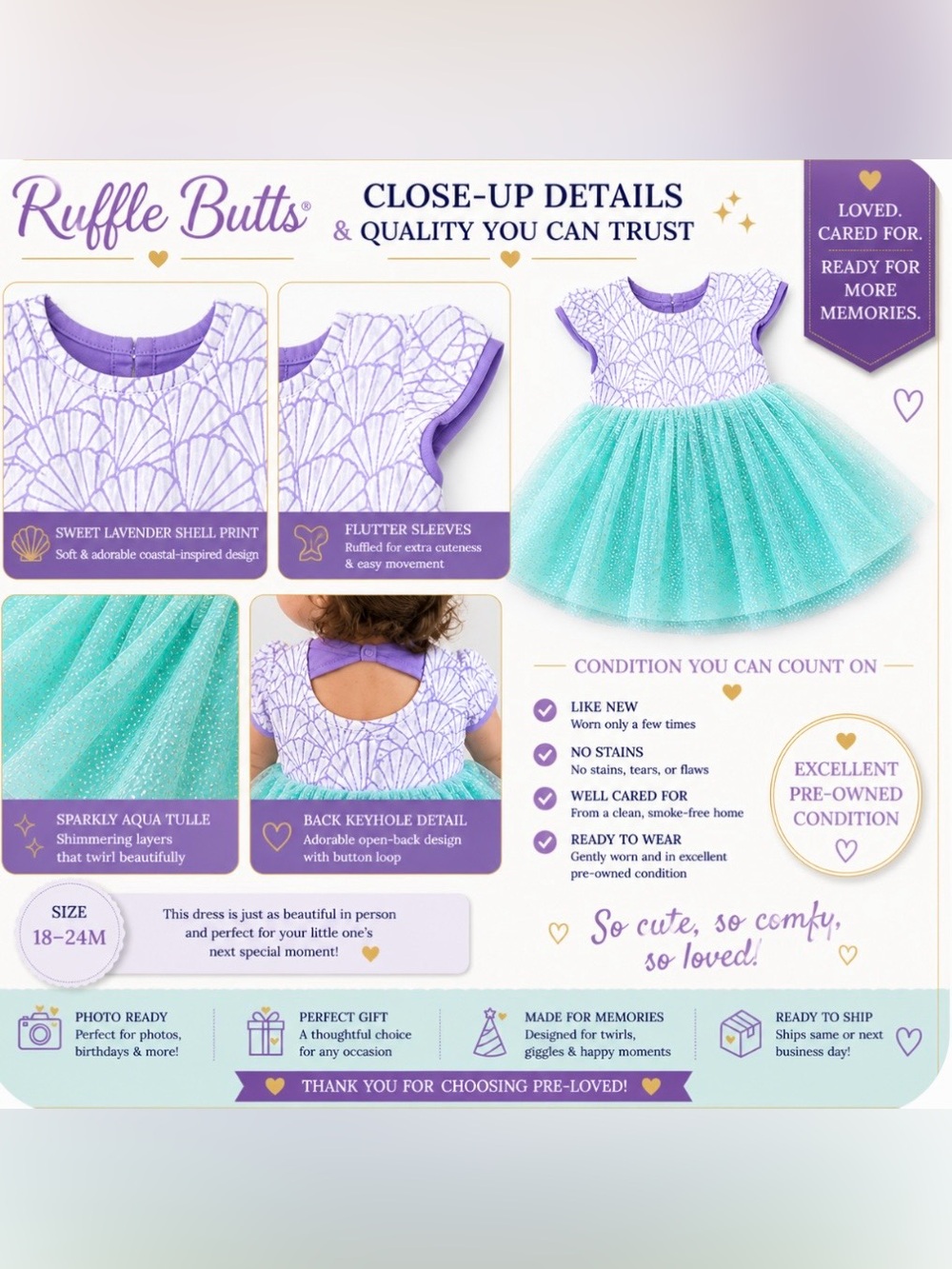 Adorable Ruffle Butts dress - Lavender Shell-Print Top with Aqua Sparkle Tulle💕